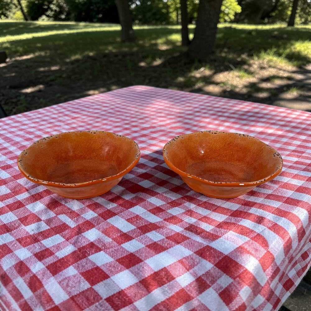 Pier 1 Imports Set of 2 Orange Carmelo Melamine Bowls Crackle Finish Distressed